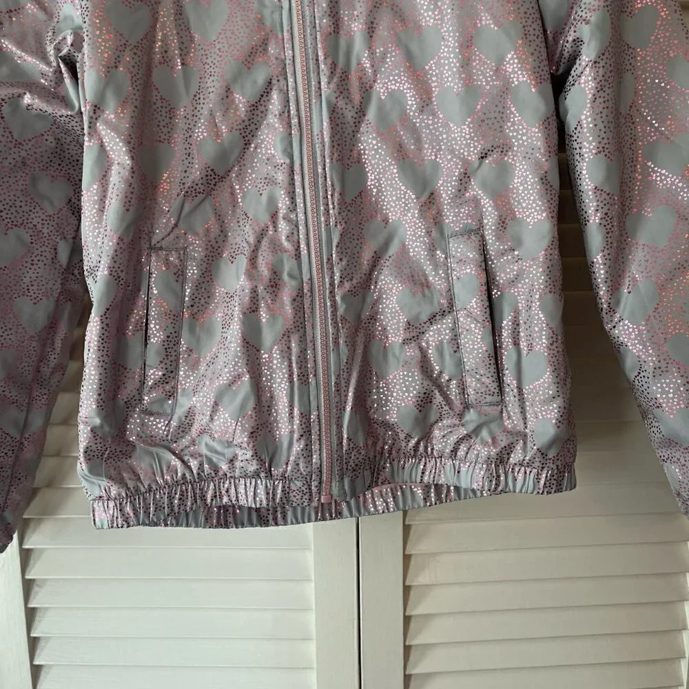 London Fog girls metallic heart pink grey full zip hooded jacket large (14/16)